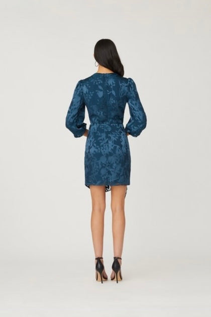 Jacquard Floral 3/4 Sleeve Flounce Cuff Dress –