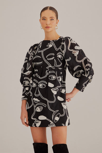 Paisley Print Embroidered Dress in LENZING™ ECOVERO™ Black