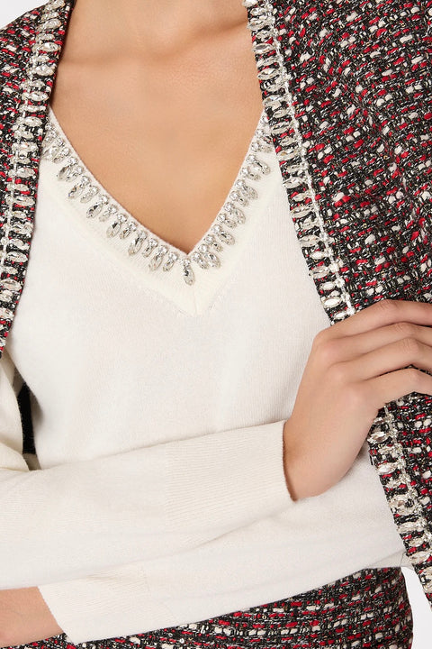 KALIA CRYSTAL EMBELLISHED V NECK SWEATER