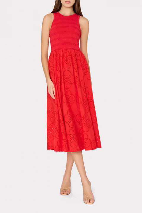 GEO EYELET KNIT COMBO MIDI DRESS