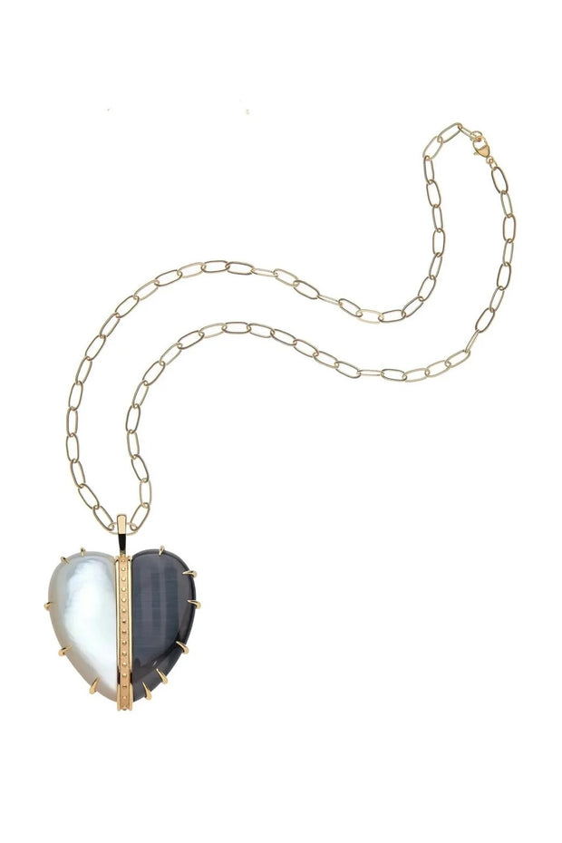 LOVE SPLIT CARRY YOUR HEART MOP/BLK AGATE PENDANT- DRAWN LINK CHAIN