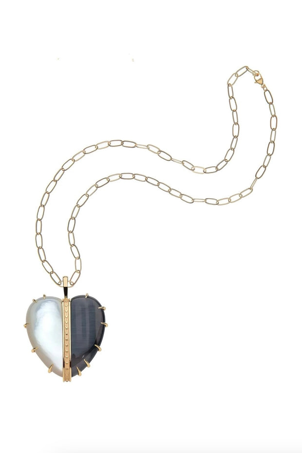 LOVE SPLIT CARRY YOUR HEART MOP/BLK AGATE PENDANT- DRAWN LINK CHAIN