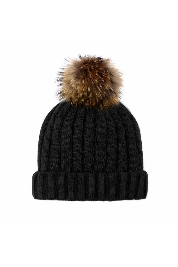 CABLE KNIT BEANIE W/FUR POM