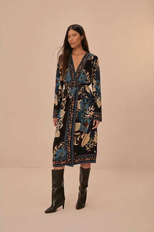 BLOSSOM TAPESTRY MIDI WRAP DRESS