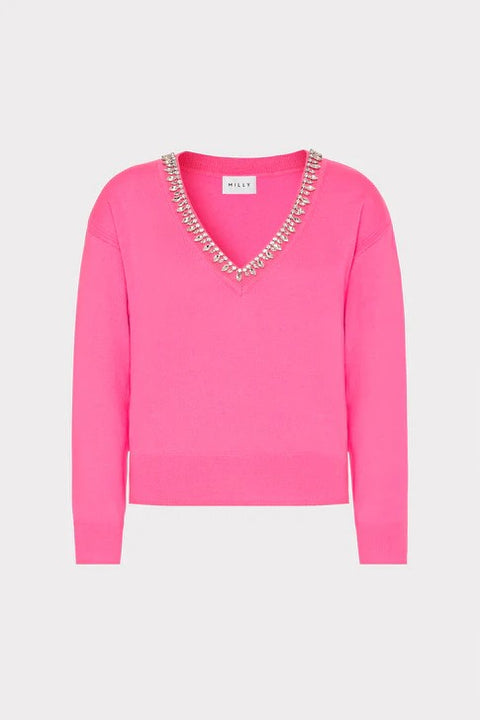 KALIA CRYSTAL EMBELLISHED V NECK SWEATER