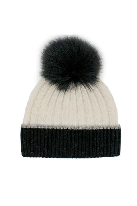 CONTRAST CUFF HAT W/FUR POM