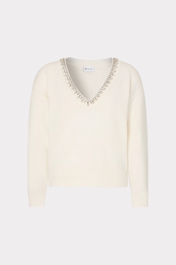 KALIA CRYSTAL EMBELLISHED V NECK SWEATER