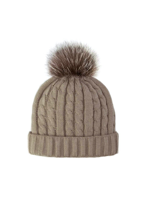 CABLE KNIT BEANIE W/FUR POM