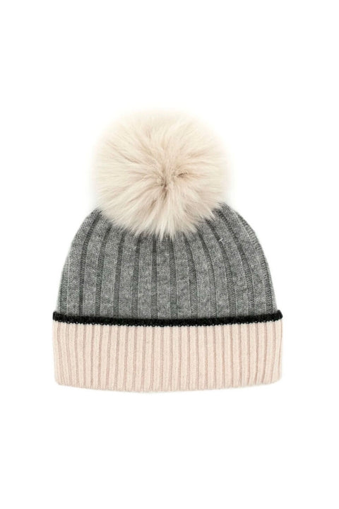 CONTRAST CUFF HAT W/FUR POM