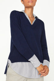 V-NECK LAYERED PULLOVER W/STRIPES