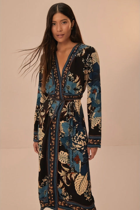 BLOSSOM TAPESTRY MIDI WRAP DRESS