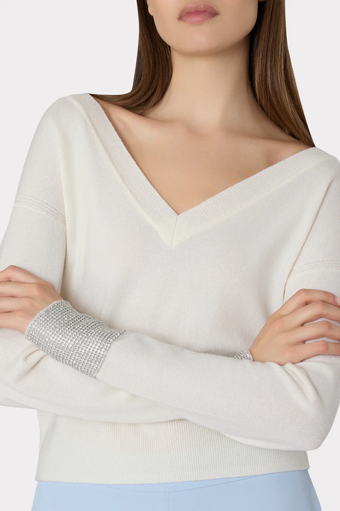 ILYSE CRYSTAL CUFF V-NECK SWEATER