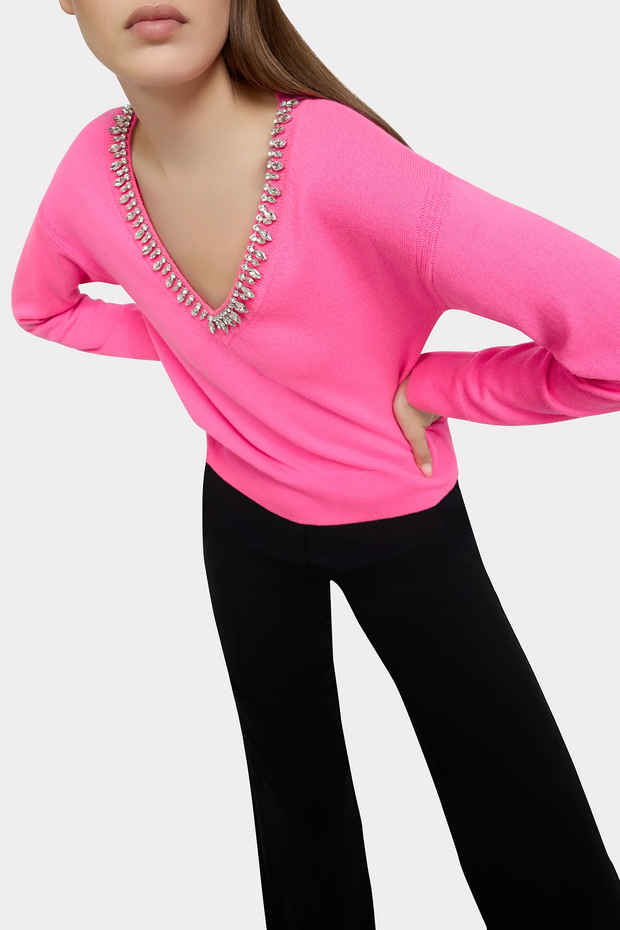 KALIA CRYSTAL EMBELLISHED V NECK SWEATER