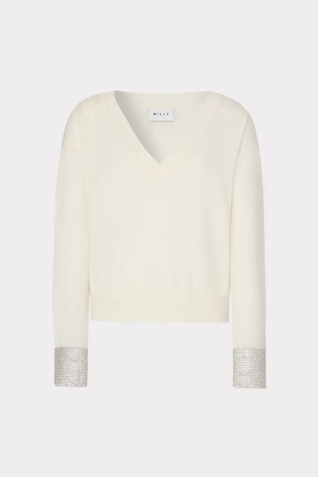 ILYSE CRYSTAL CUFF V-NECK SWEATER