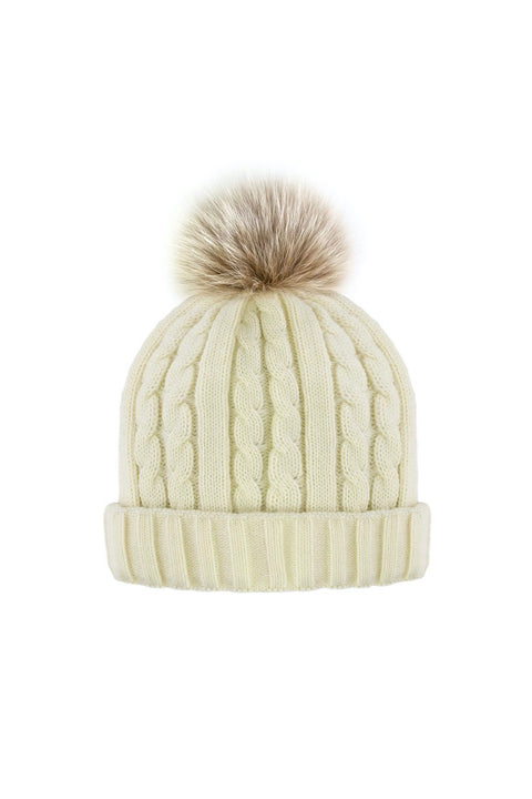 CABLE KNIT BEANIE W/FUR POM